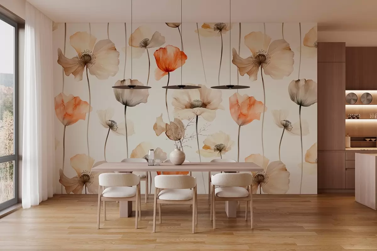 Valokuvatapetti kihara unikot vesivärityyliin w04031