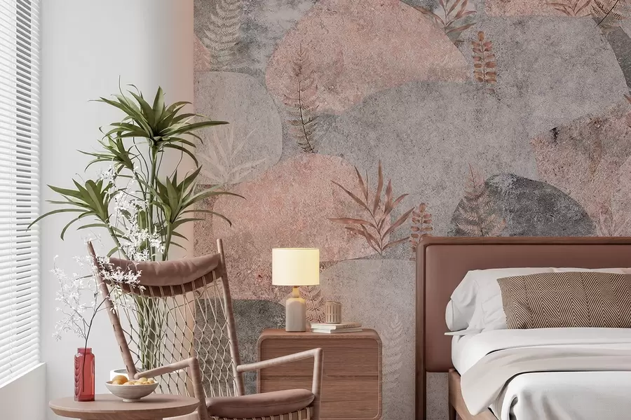 Valokuvatapetti Kivet kasveilla, saniainen, pohjoismainen, maalaismainen tyyli, harmaat ja vaaleanpunaiset värit w04064v1