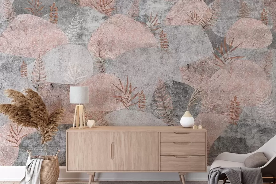 Valokuvatapetti Kivet kasveilla, saniainen, pohjoismainen, maalaismainen tyyli, harmaat ja vaaleanpunaiset värit w04064v1