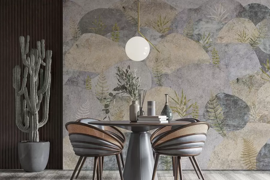 Valokuvatapetti Kivet kasveilla, saniainen, pohjoismainen, maalaismainen tyyli, harmaa ja hiekka värit w04064