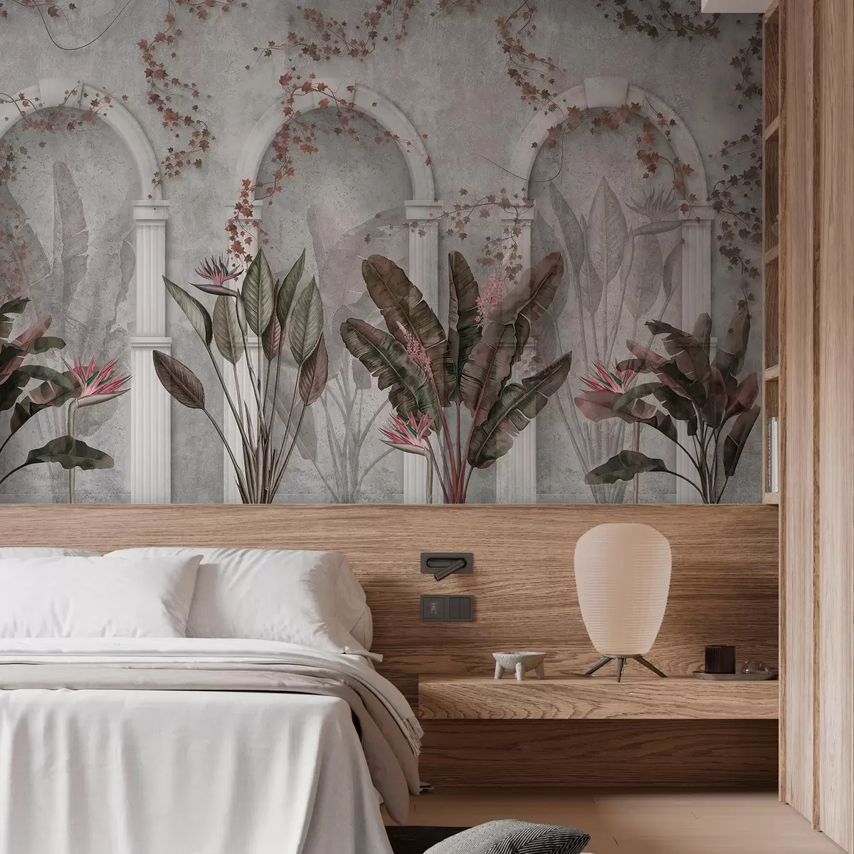 Valokuvatapetti Betoniseinä, jossa kaaria ja trooppisia kasveja, kukka, viininpunaiset värit w04065v1