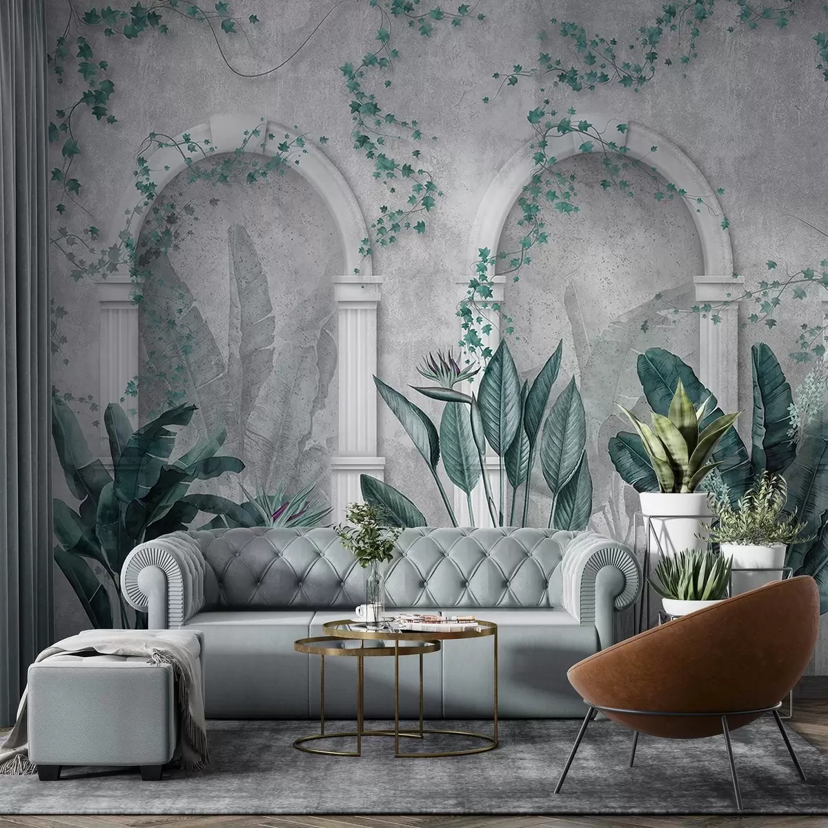 Valokuvatapetti Betoniseinä, jossa kaaria ja trooppisia kasveja, kukka, siniset värit w04065v2