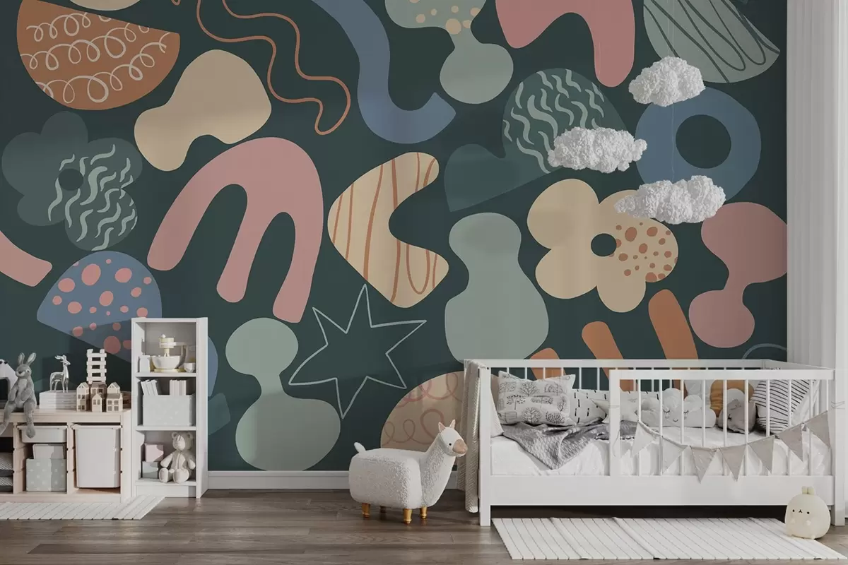 Valokuvatapetti Geometriset hahmot ja doodles piirustus, nuorten, tummanvihreä tausta   w04068v3