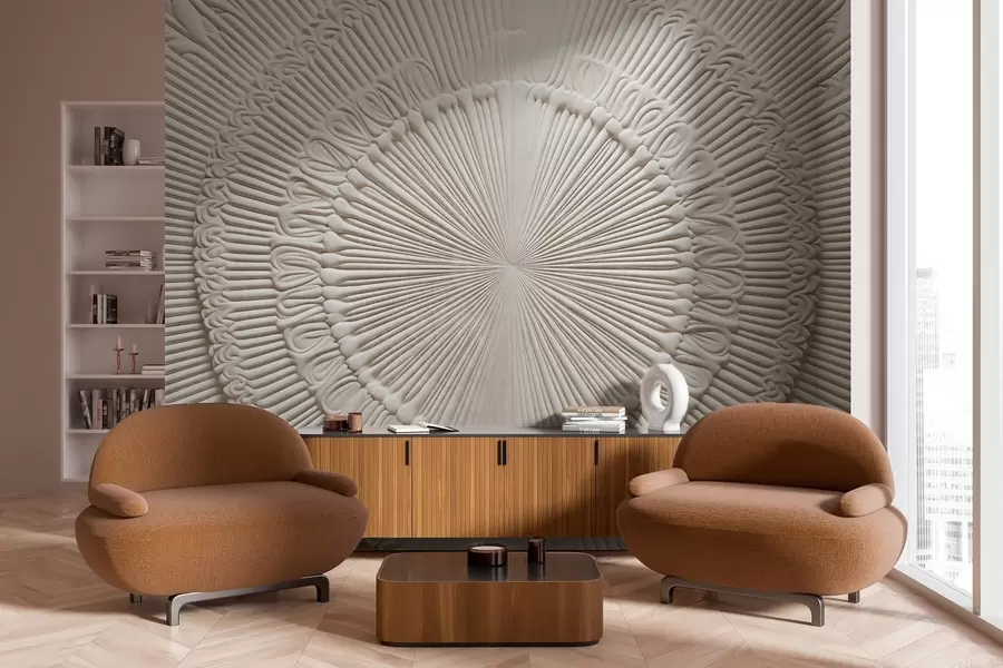 Valokuvatapetti Abstrakti kuvioitu pyöreä painatus, jossa on säteittäisiä viivoja ja koriste-elementtejä, symmetrinen muotoilu, kohokuvioitu rakenne w09154