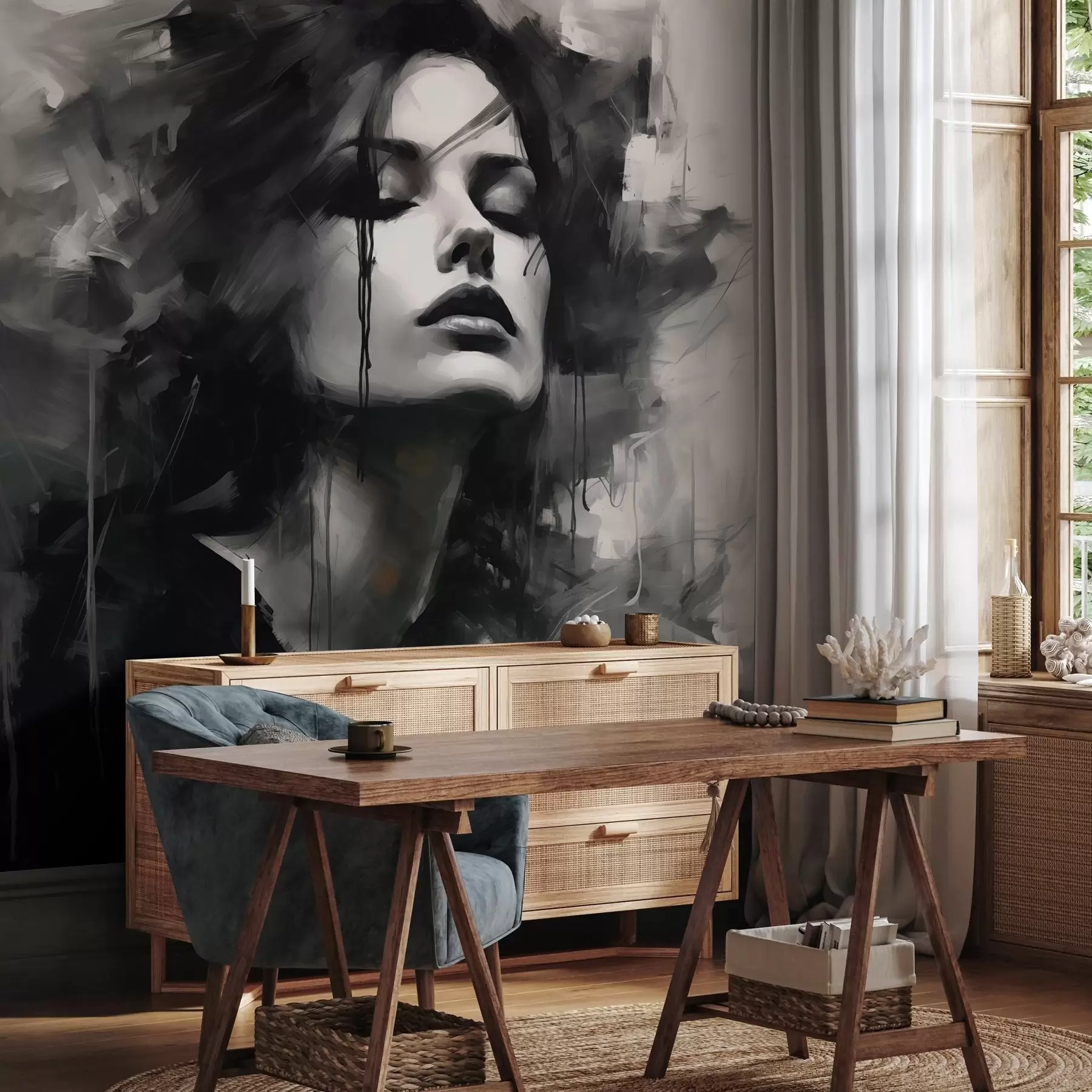 Valokuvatapetti Muotokuva naisesta harmaissa ja mustissa vaatteissa w04049