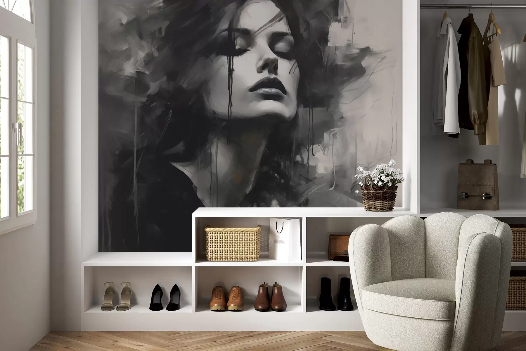 Valokuvatapetti Muotokuva naisesta harmaissa ja mustissa vaatteissa w04049