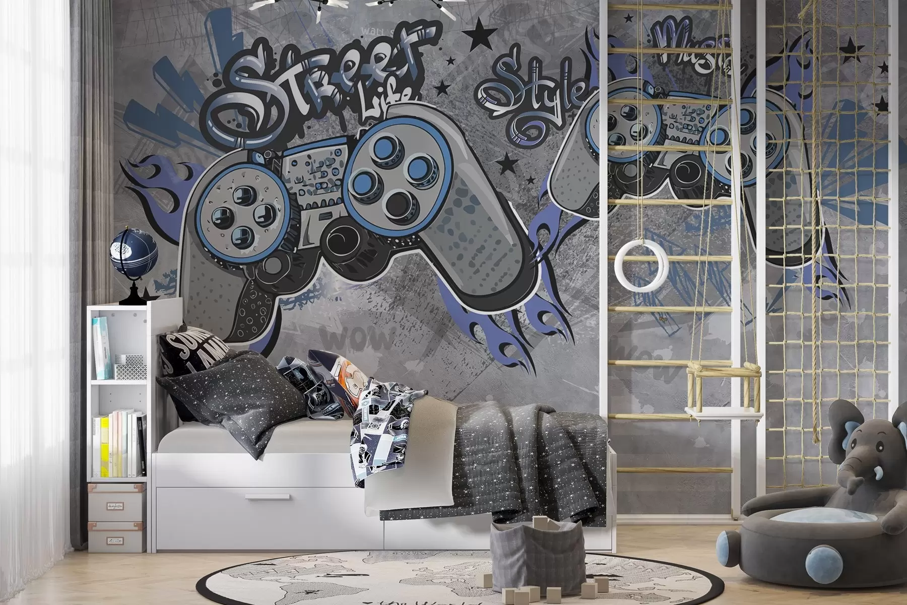 Valokuvatapetti Street art -tyylisiä konsoleita grunge-seinällä w04054