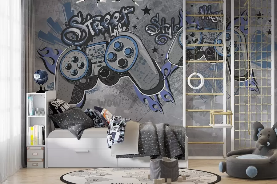 Valokuvatapetti Street art -tyylisiä konsoleita grunge-seinällä w04054