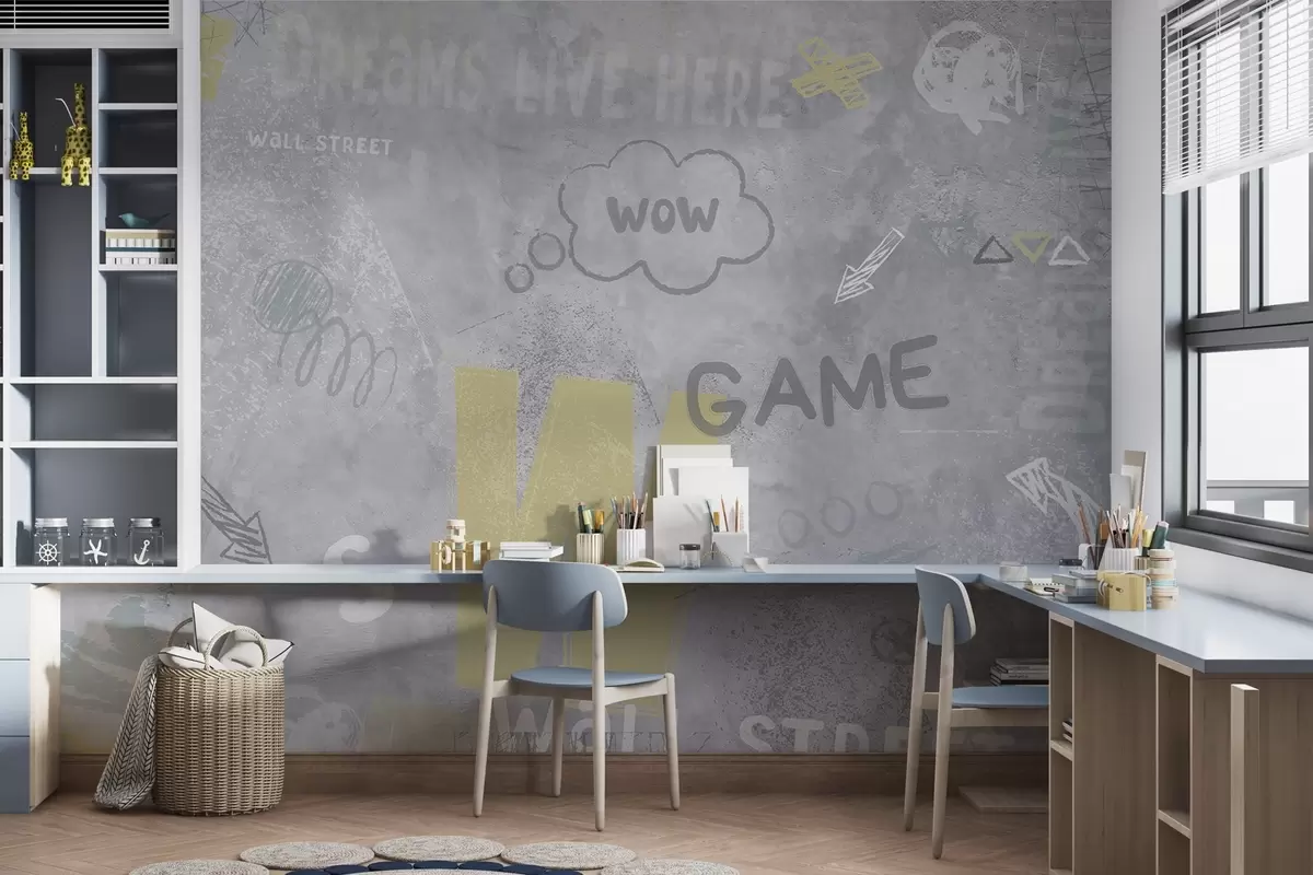 Valokuvatapetti Suunnittelu katutaiteen tyyliin keltaisella värillä merkinnät taustalla betoniseinä w04056