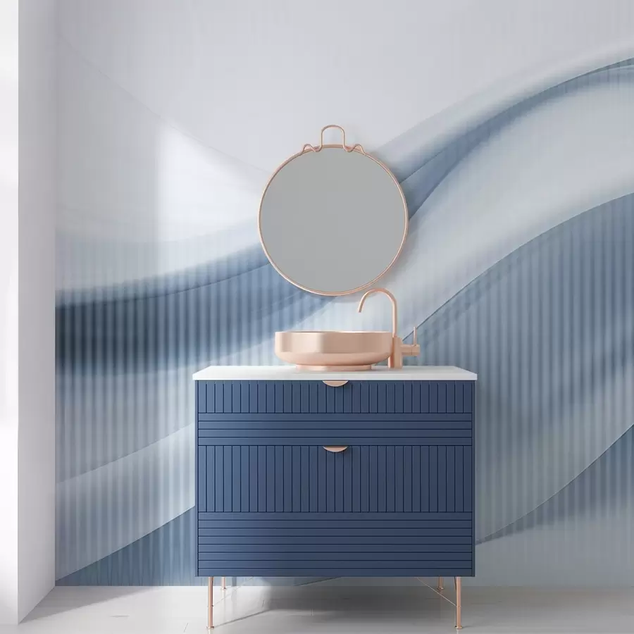 Valokuvatapetti Abstrakti painatus, jossa on virtaavia viivoja ja hienovaraisia pystyraitoja, jotka luovat liikkeen ja syvyyden tunteen, sininen paletti w09189v1