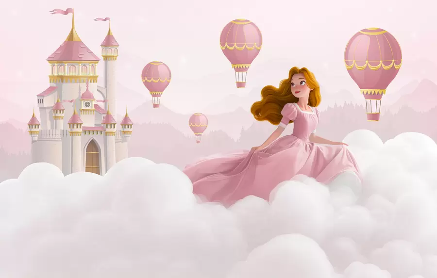 Valokuvatapetti Prinsessa keskellä pilviä taustalla maisema ja linna w04015v1