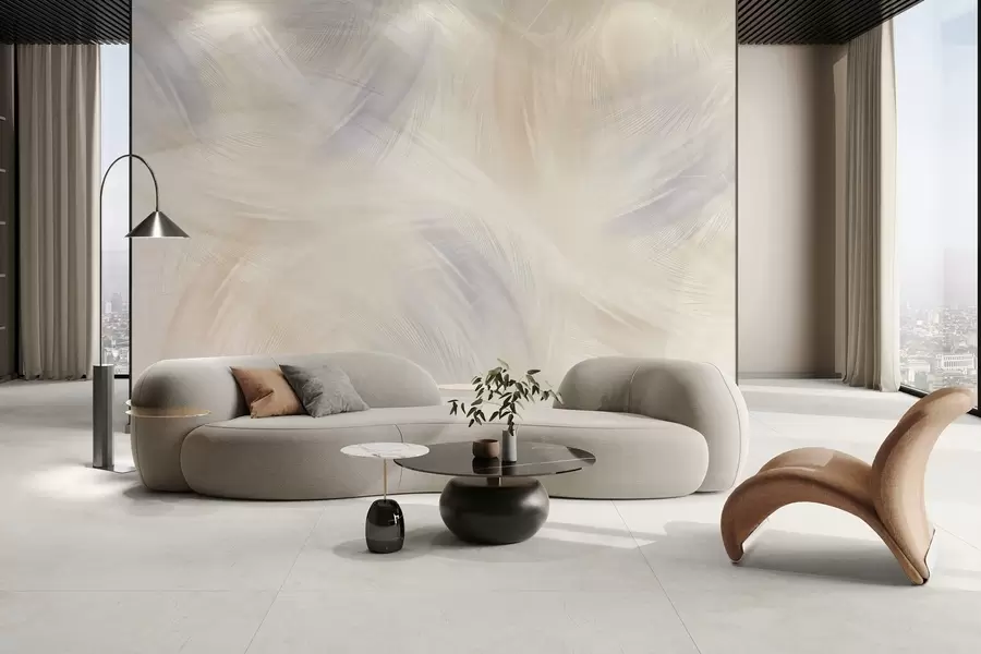 Valokuvatapetti ilmavia höyheniä sinisen ja beigen sävyissä w04071v2