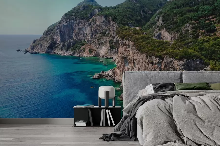 Valokuvatapetti Kalliovuoret lähellä merta, öljytyylinen piirustus, akvamariininvärinen vesi w04096