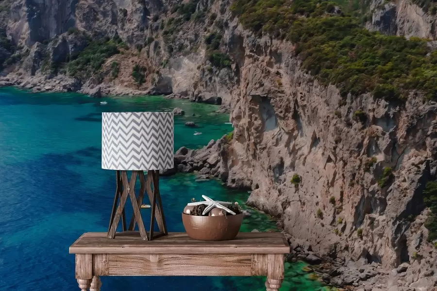 Valokuvatapetti Kalliovuoret lähellä merta, öljytyylinen piirustus, akvamariininvärinen vesi w04096