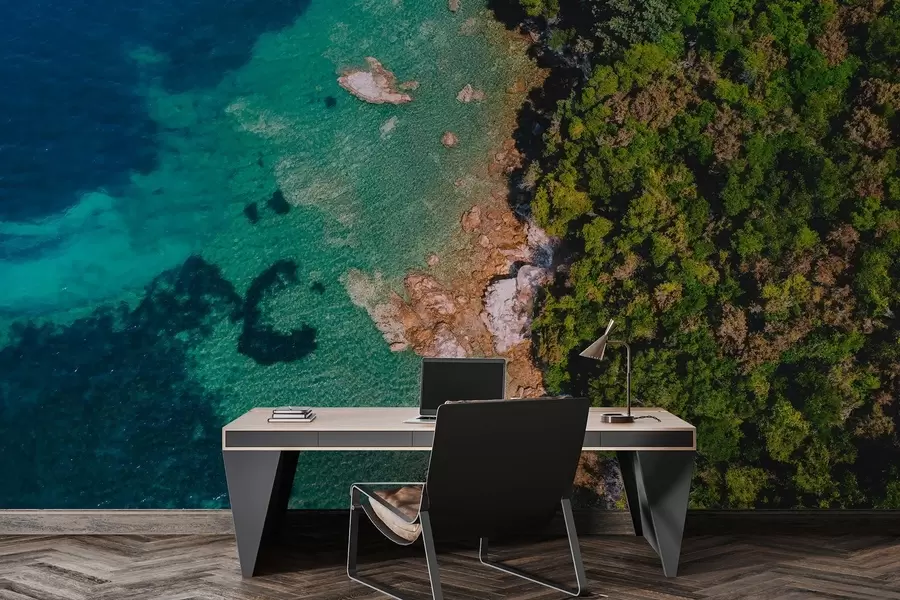 Valokuvatapetti Espanja meren rannikolla aqumarine vesi, mäntymetsä, ilma valokuvaus w04099