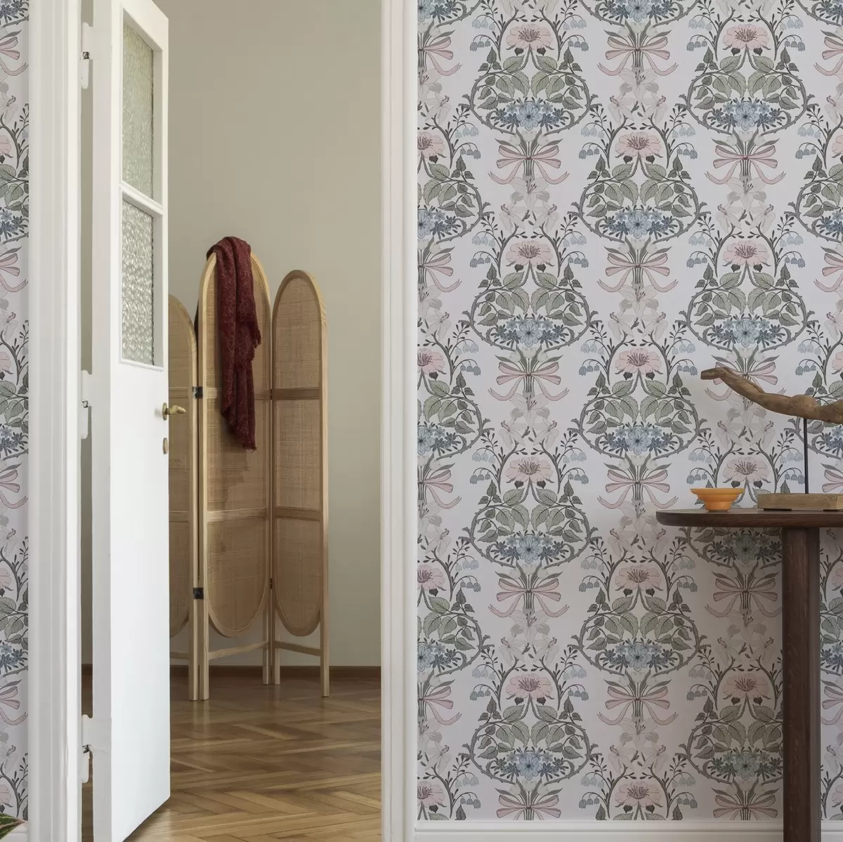 Taustakuva Retro kukkakuvio, jossa on rusetteja ja silmuja a00174