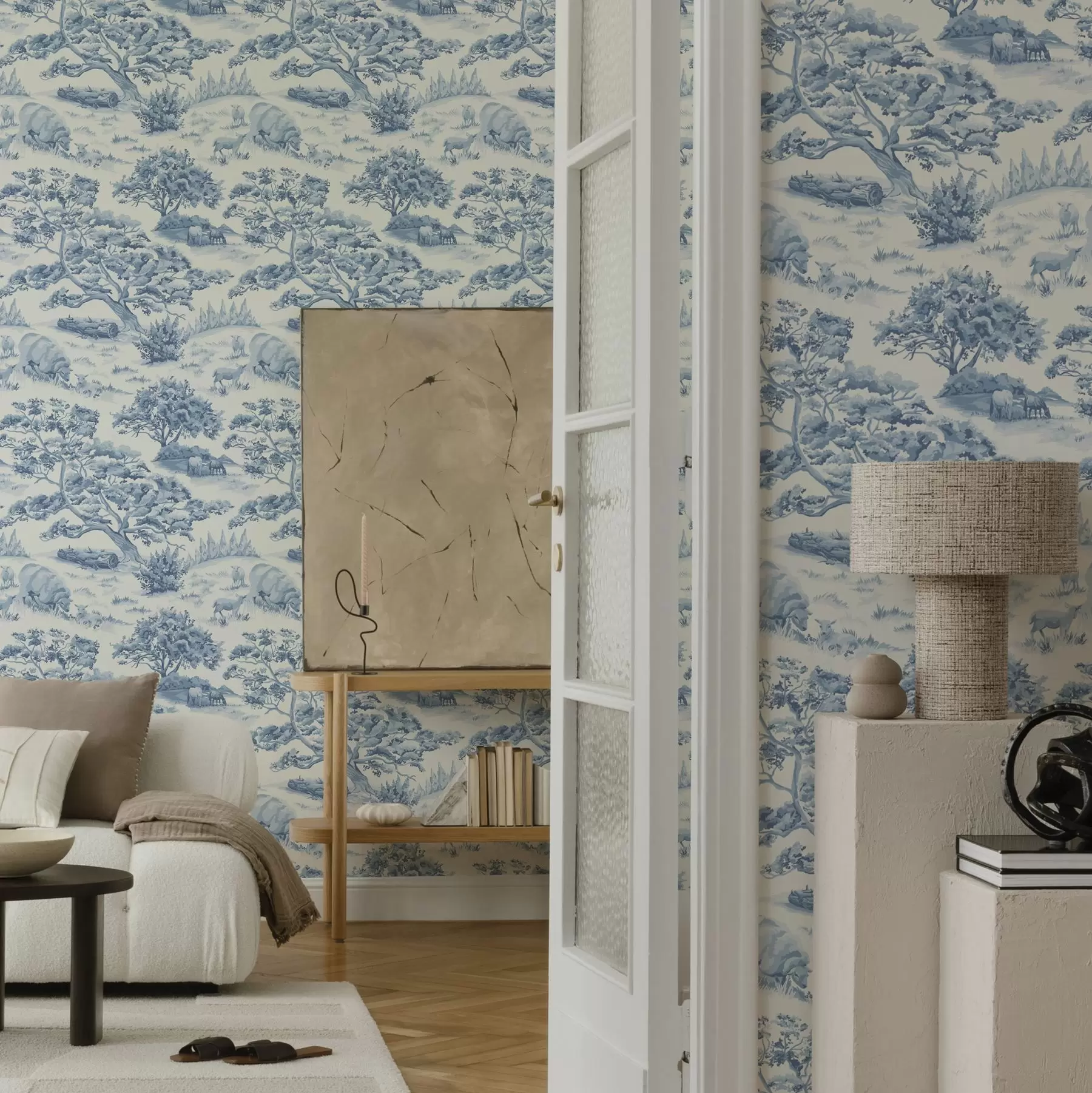 Valokuvatapetti Maaseudun maisema sinisin sävyin lampaiden ja puiden kanssa a00178