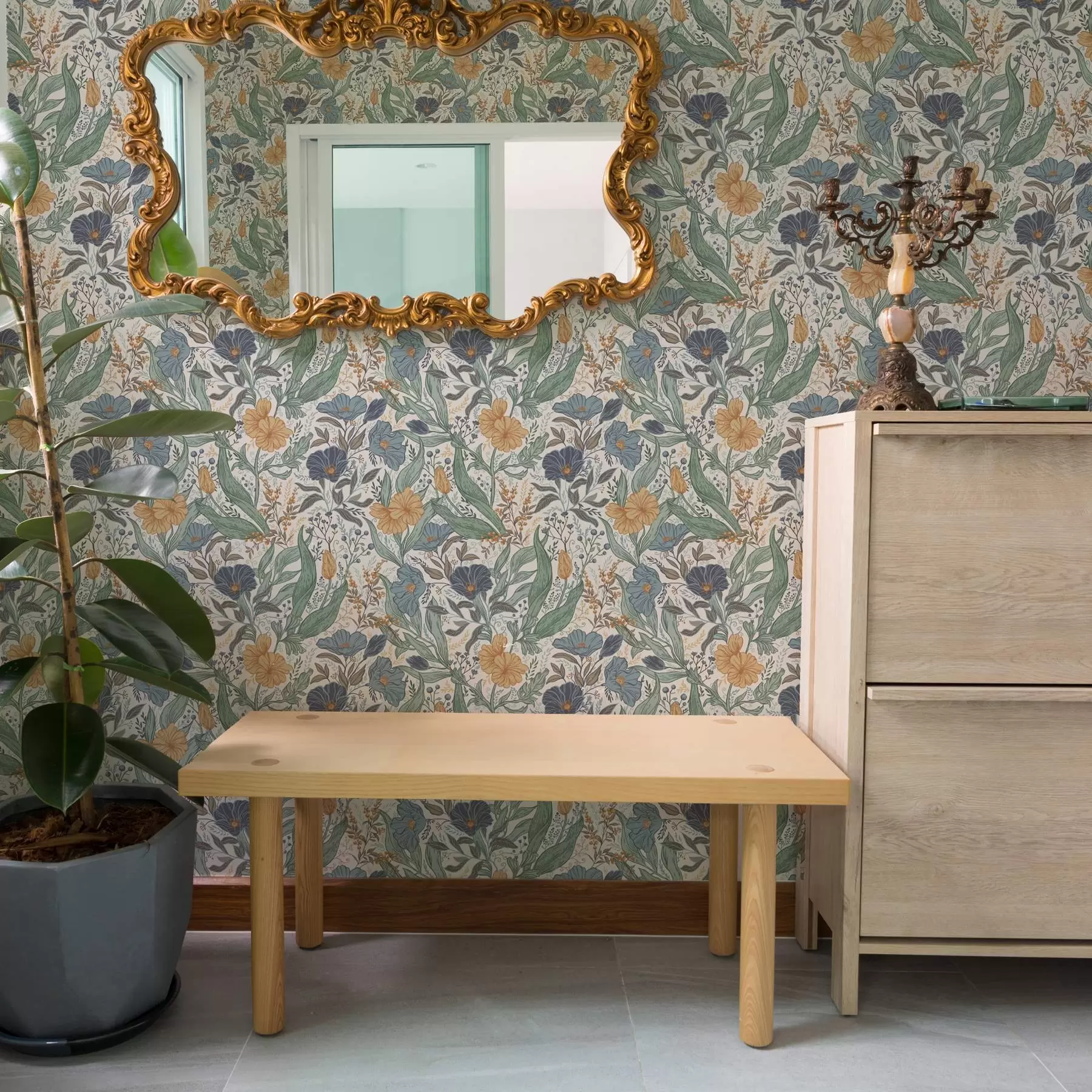 Valokuvatapetti Käsin piirretty kuvitus niityn kukkia lämpimissä väreissä a00180