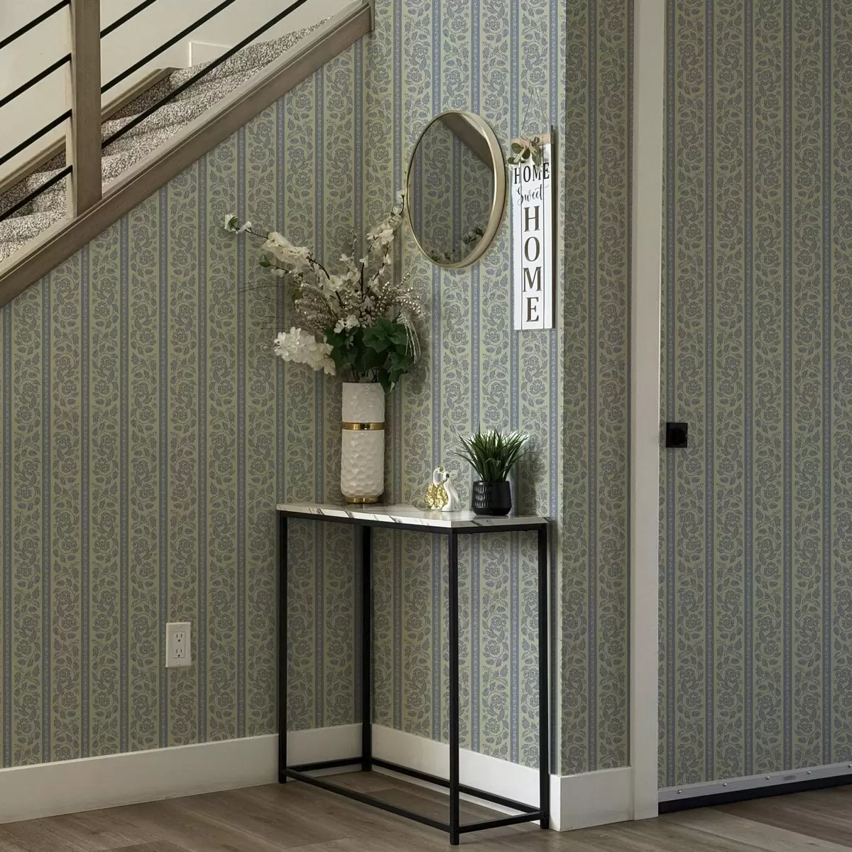 Taustakuva Raidallinen kukkakoriste, jossa on tammenterhoja sinisen ja beigen sävyissä a00181