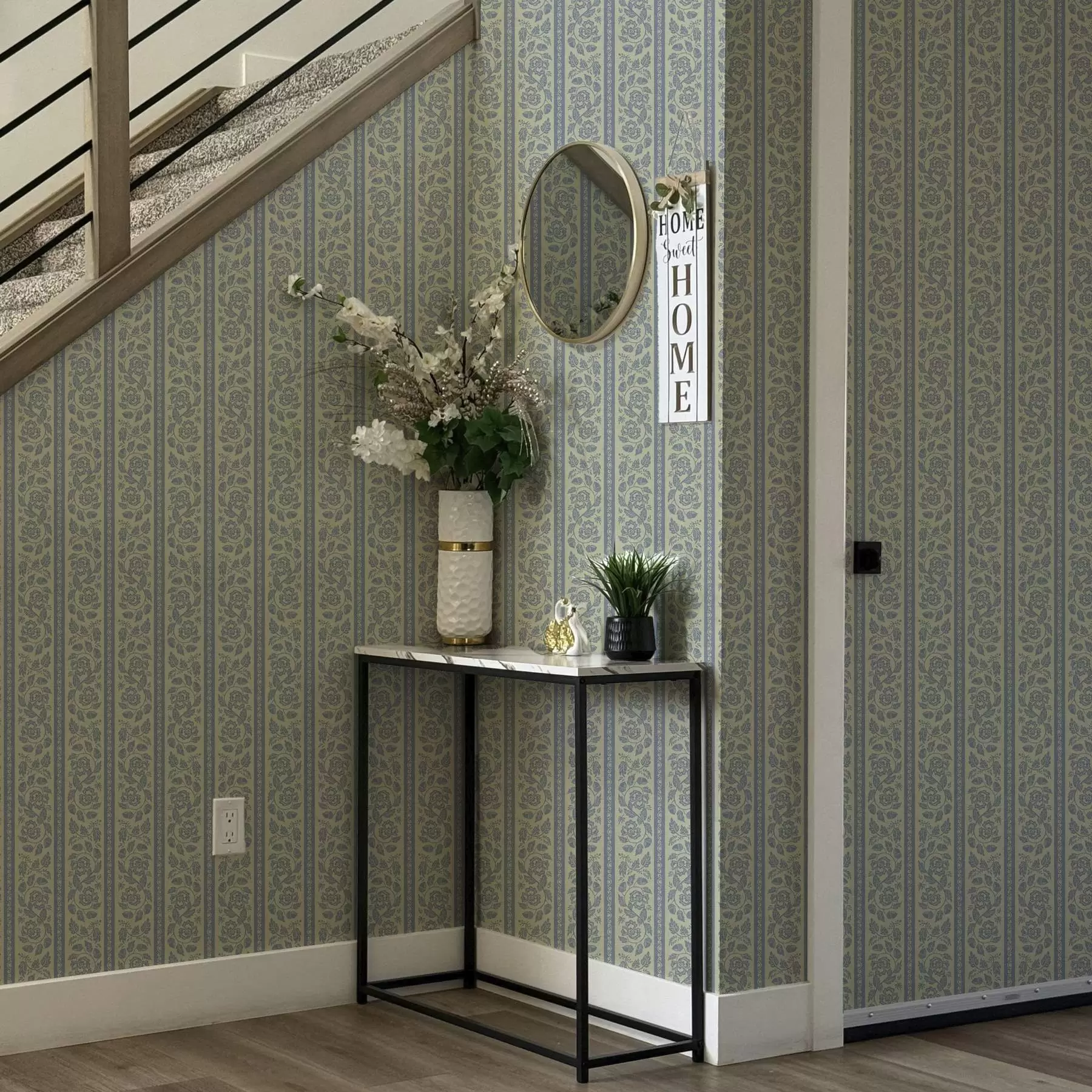 Valokuvatapetti Raidallinen kukkakoriste, jossa on tammenterhoja sinisen ja beigen sävyissä a00181