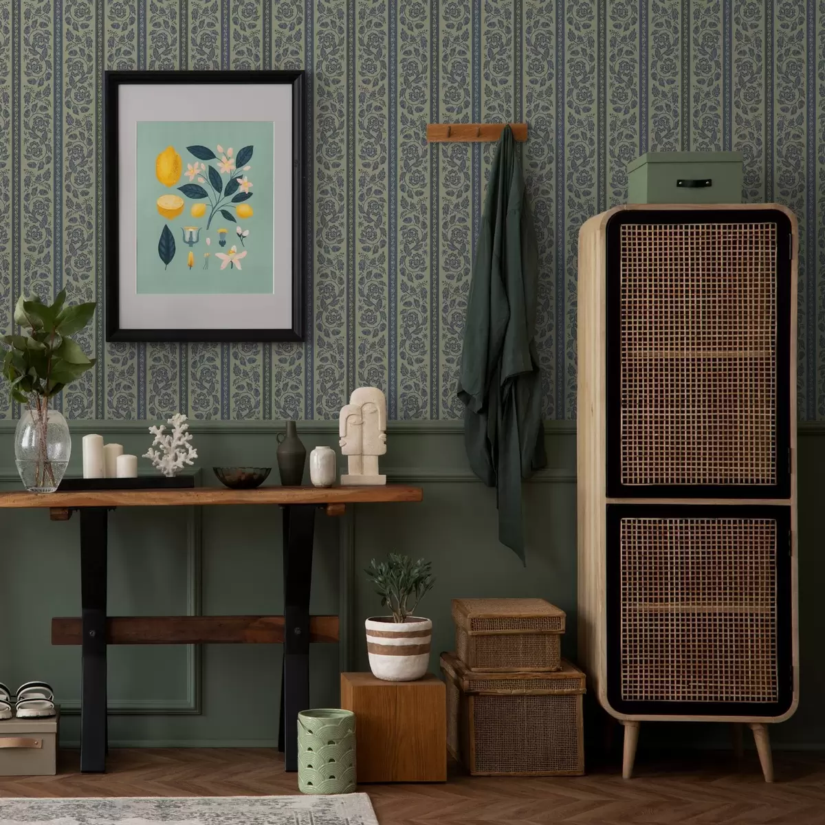 Taustakuva Vintage sininen koriste, jossa kukkia ja tammenterhoja a00181v1