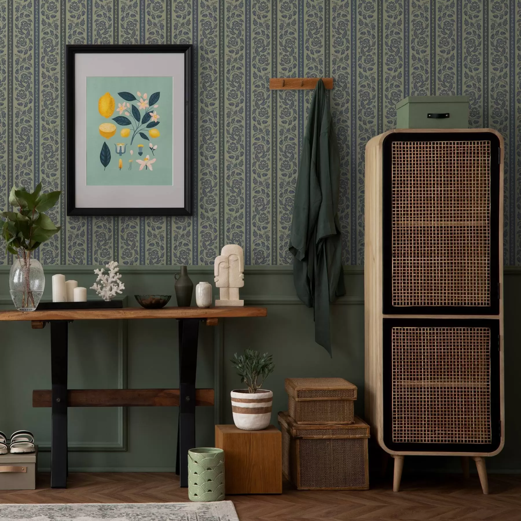 Valokuvatapetti Vintage sininen koriste, jossa kukkia ja tammenterhoja a00181v1