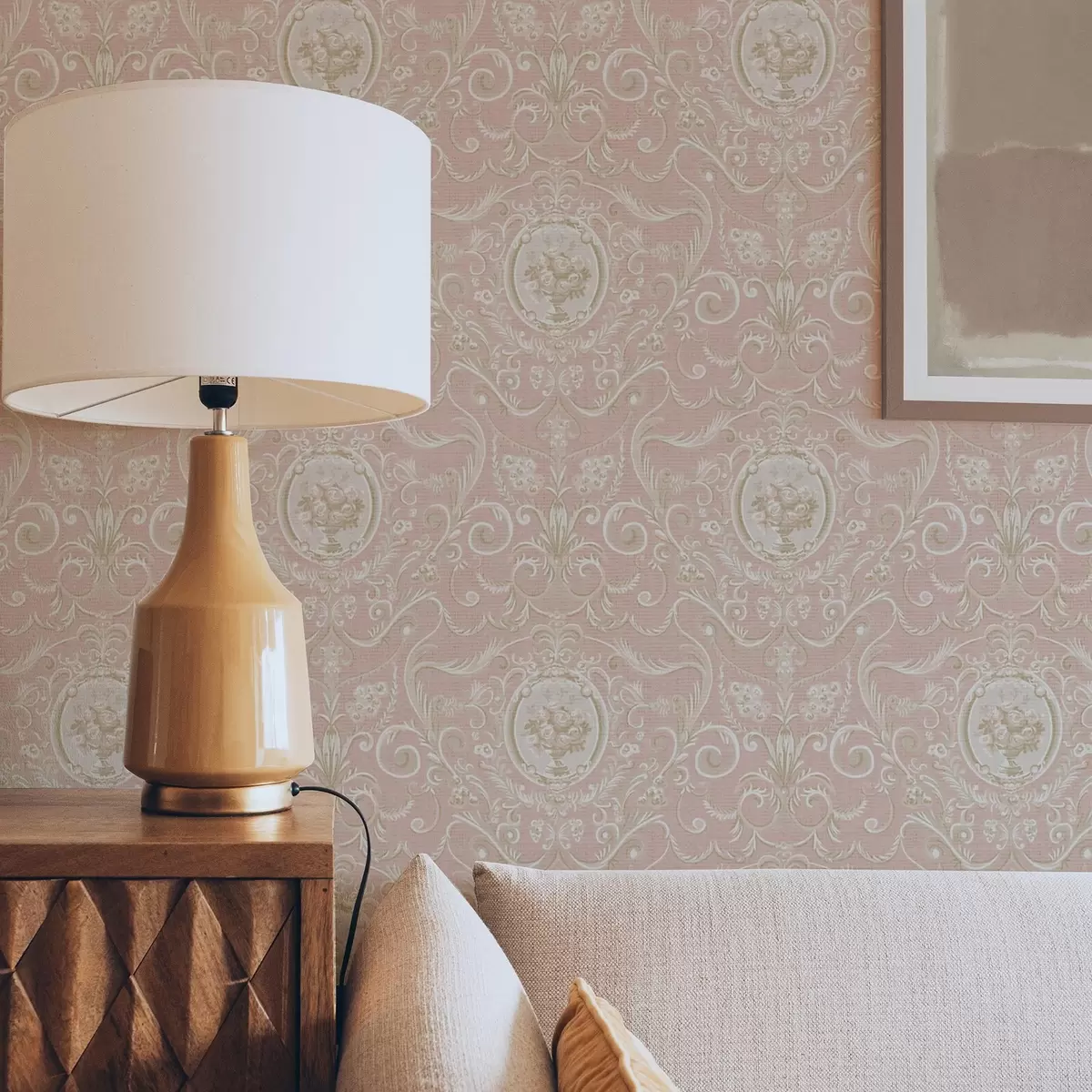 Taustakuva Vaaleanpunainen klassinen kuvio, jossa on medaljonkeja ja kukkia a00185