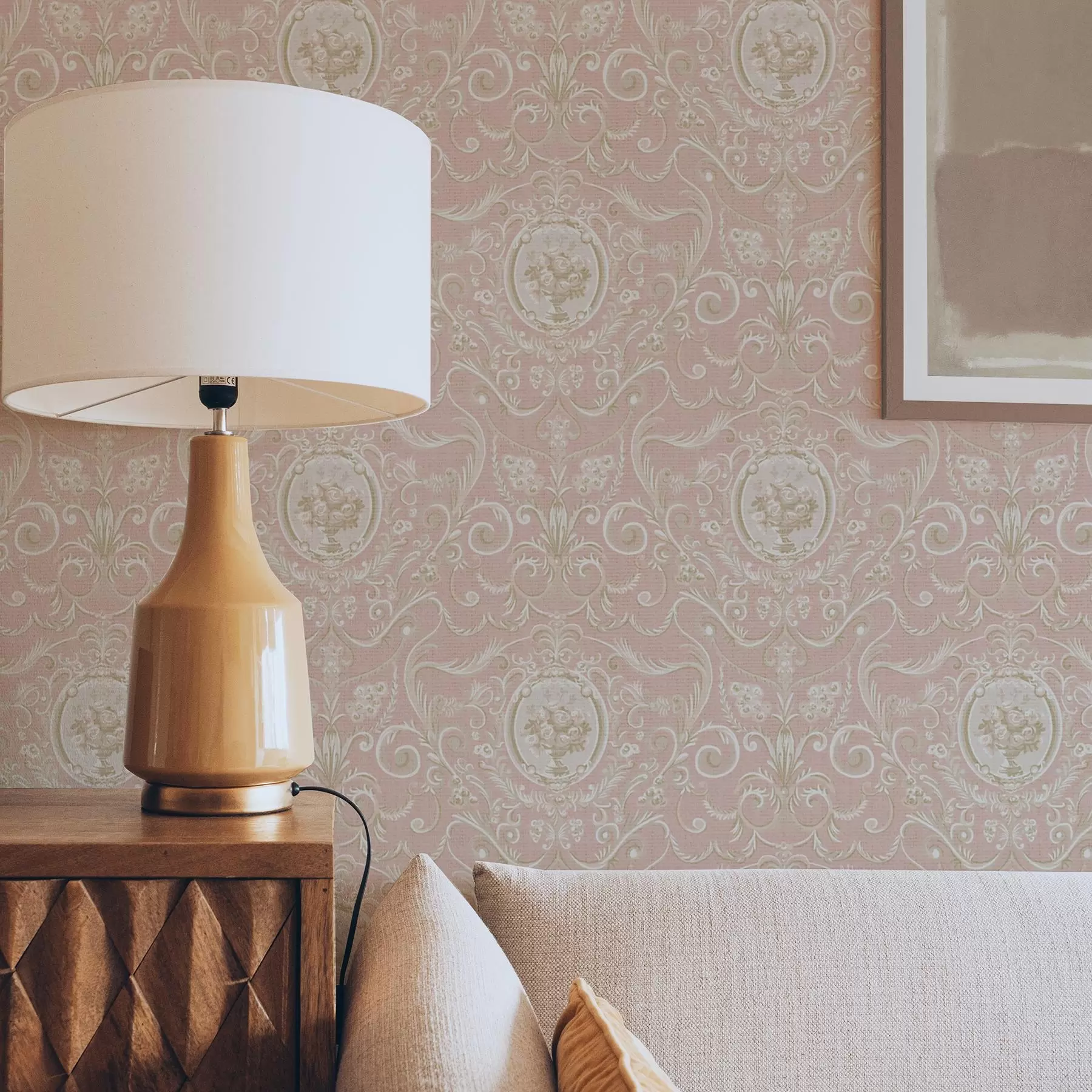 Valokuvatapetti Vaaleanpunainen klassinen kuvio, jossa on medaljonkeja ja kukkia a00185