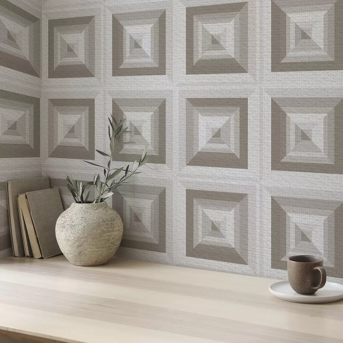 Taustakuva Geometrinen kolmiulotteinen kuvio harmaata ja beigeä a00187