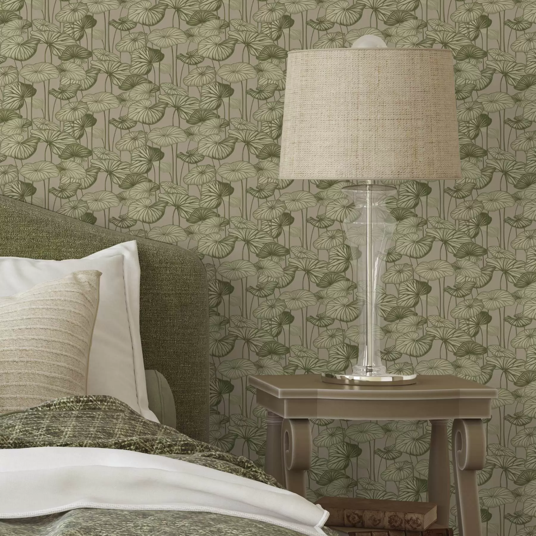 Valokuvatapetti Graafiset lootuksenlehdet retrotyyliin beigeillä pohjalla a00188