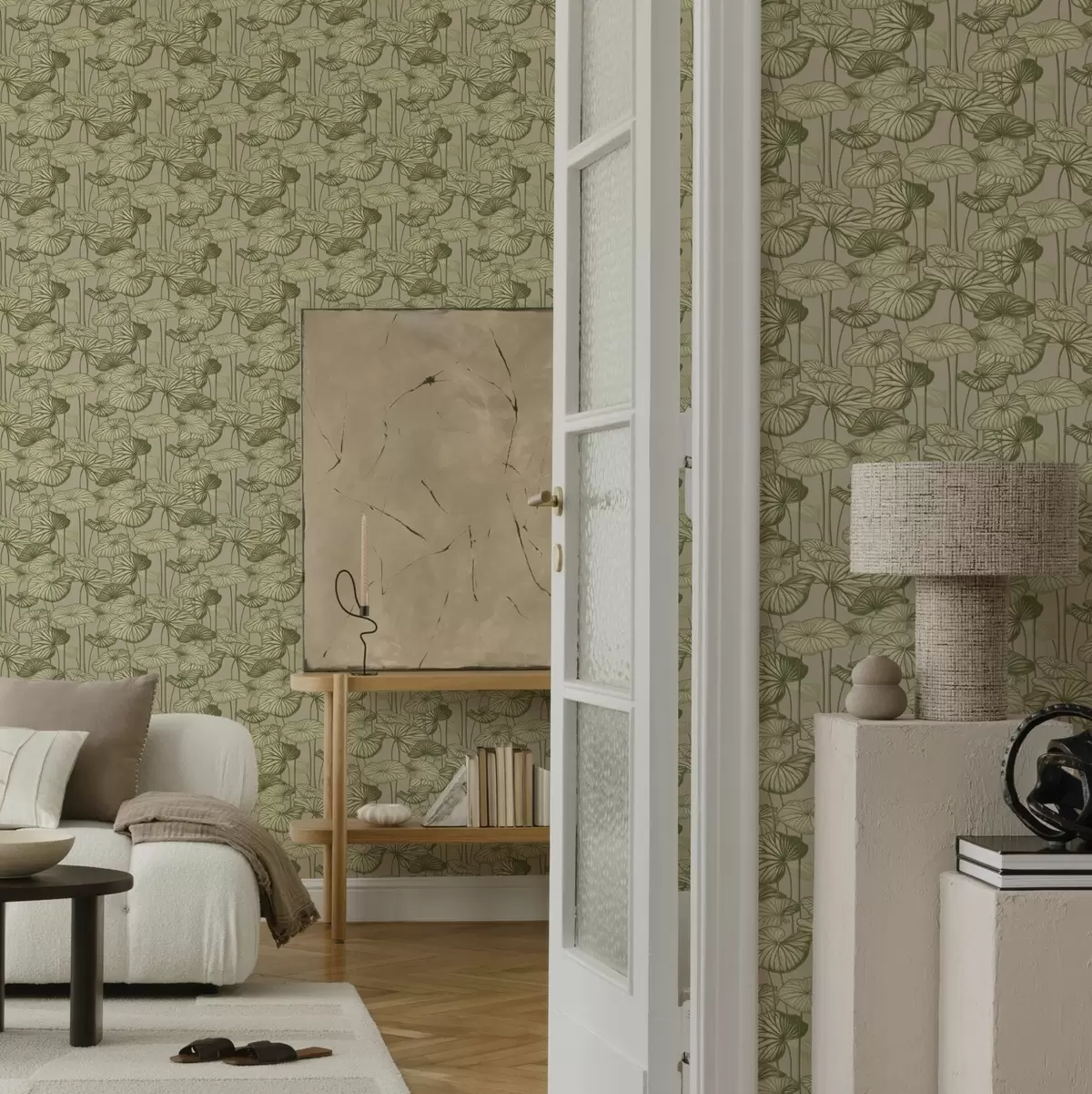 Taustakuva Graafiset lootuksenlehdet retrotyyliin beigeillä pohjalla a00188