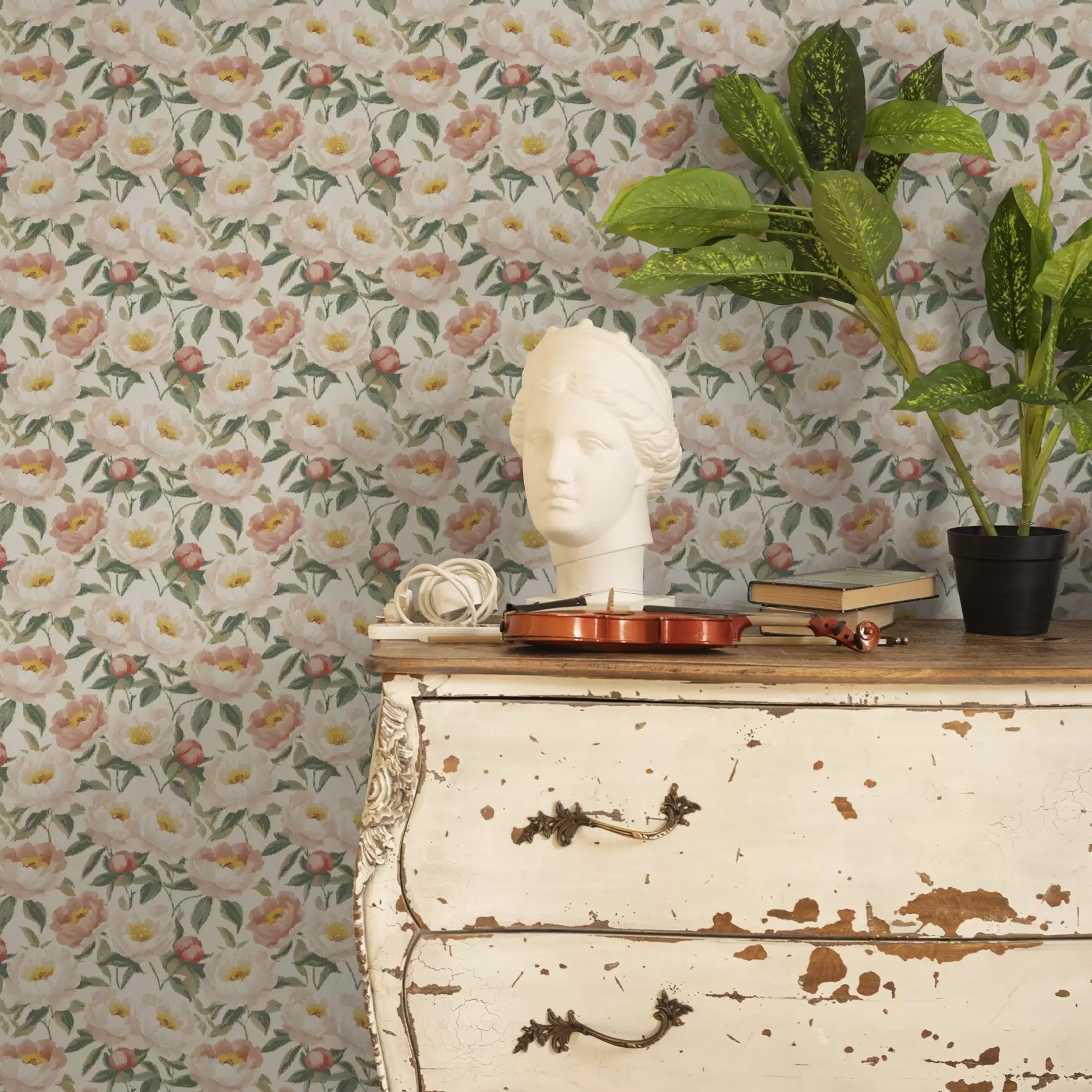 Valokuvatapetti Akvarelli pionit vaaleissa väreissä retrotyyliin a00193