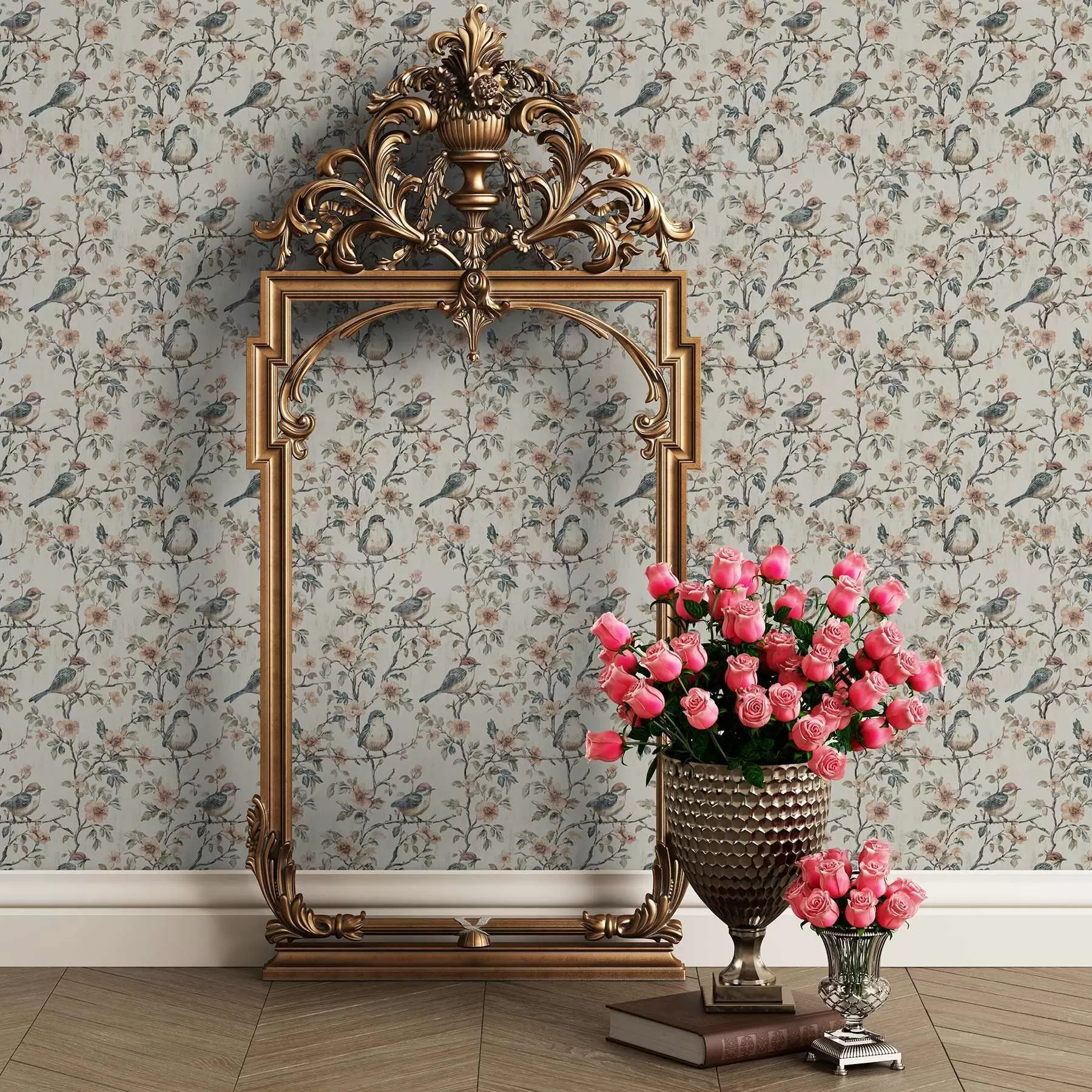 Valokuvatapetti Lintuja oksat kukkia retro akvarelli tyyliä a00197