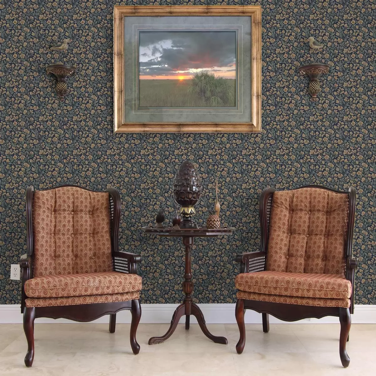 Taustakuva Oranssit kukat tummansinisellä taustalla vintage-tyyliin a00200