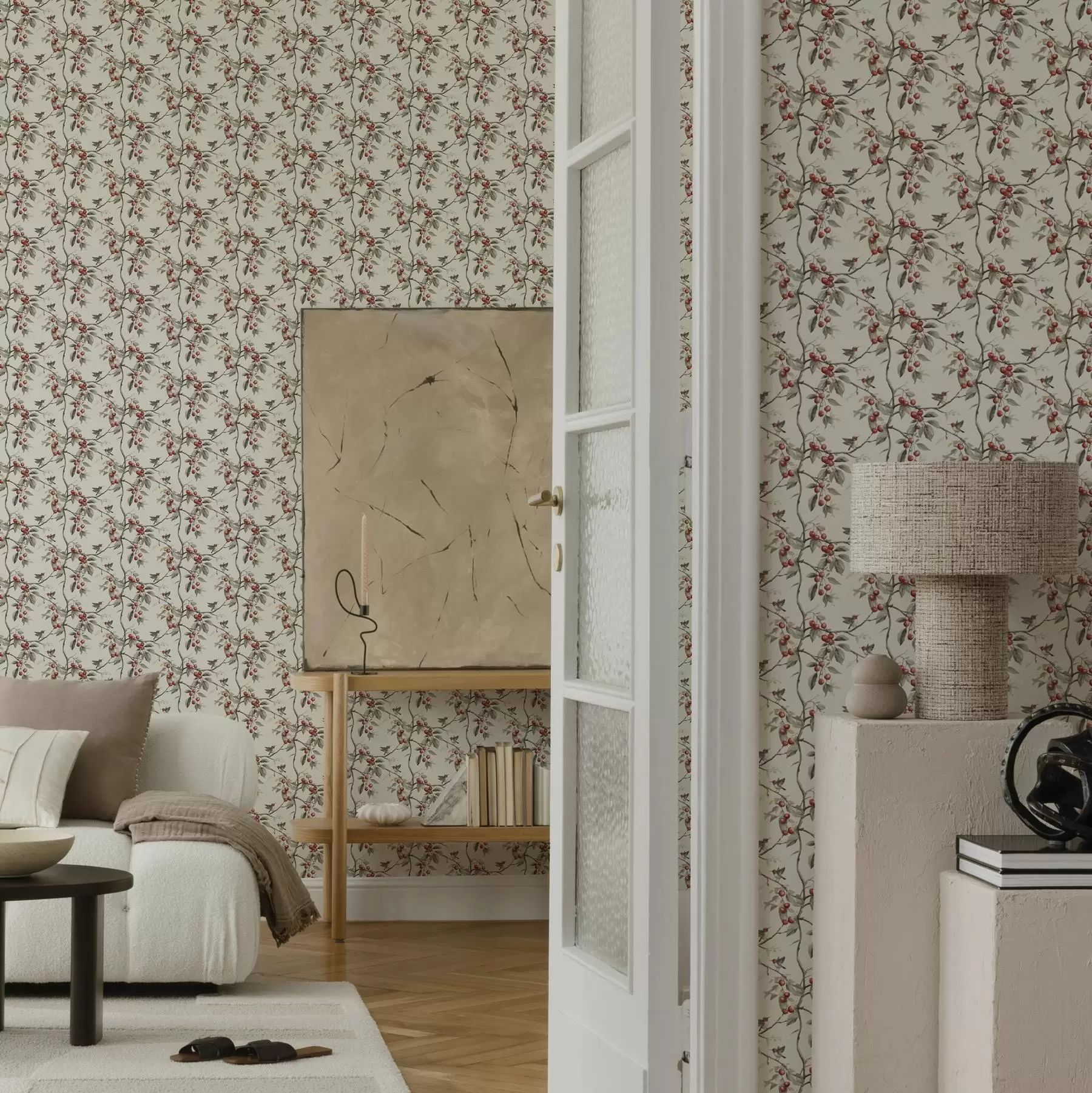 Valokuvatapetti Lintuja kirsikan oksat punaisia marjoja a00206