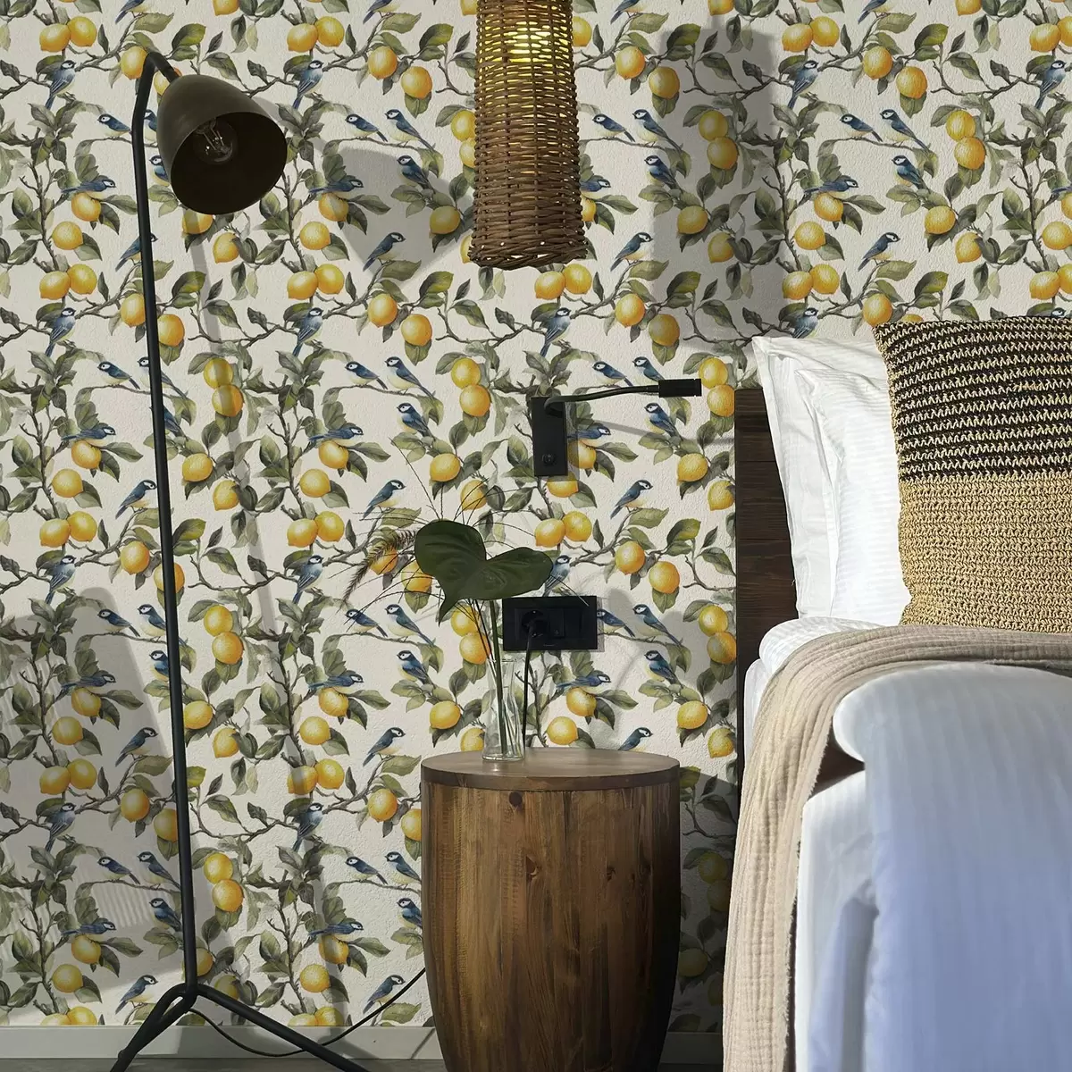 Taustakuva Linnut ja sitruunat oksilla, akvarelli kasvitieteellinen piirustus a00207