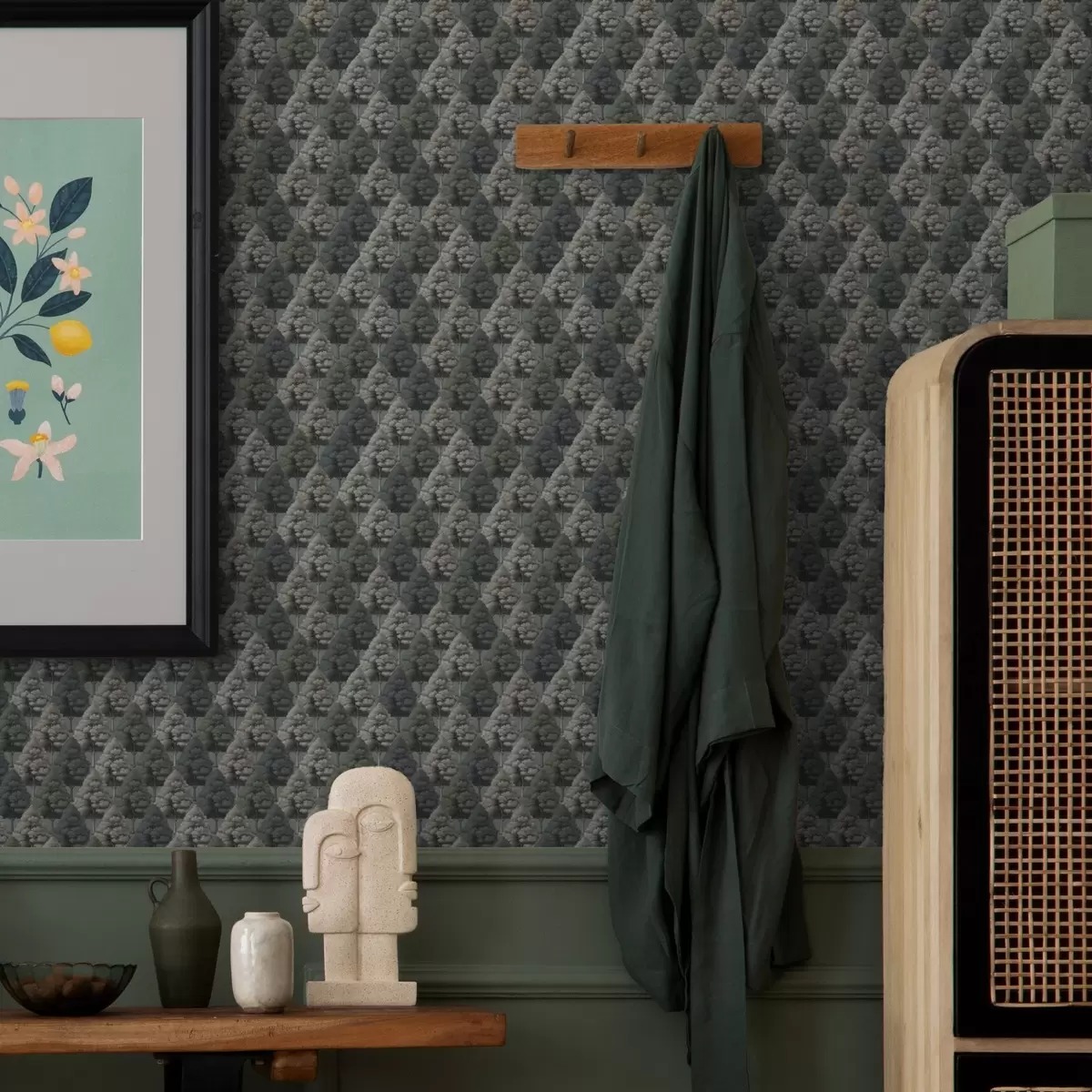 Taustakuva Geometrinen metsä kuvio puita vihreillä väreillä a00209