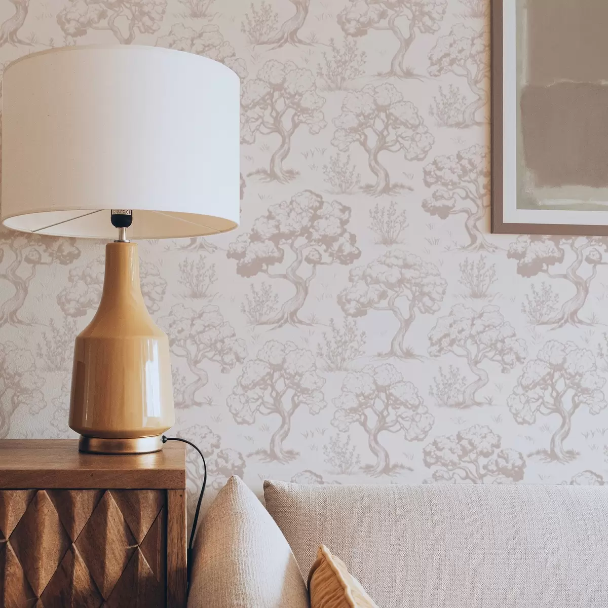 Taustakuva Yksivärinen siluetteja puiden vintage-tyyliin, beige värimaailmaa a00210