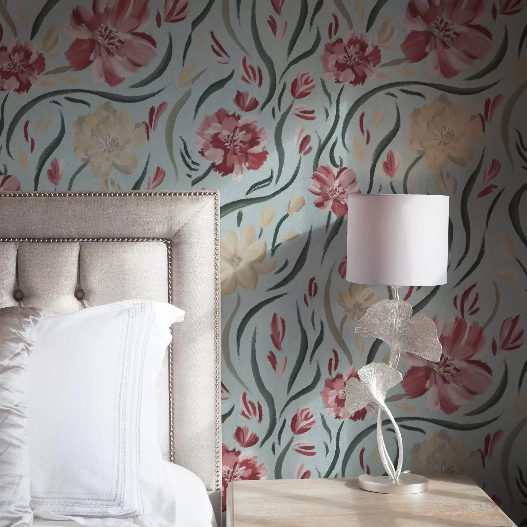 Valokuvatapetti Vesivärikukkia sinisellä pohjalla, punainen ja beige kuvio a00216