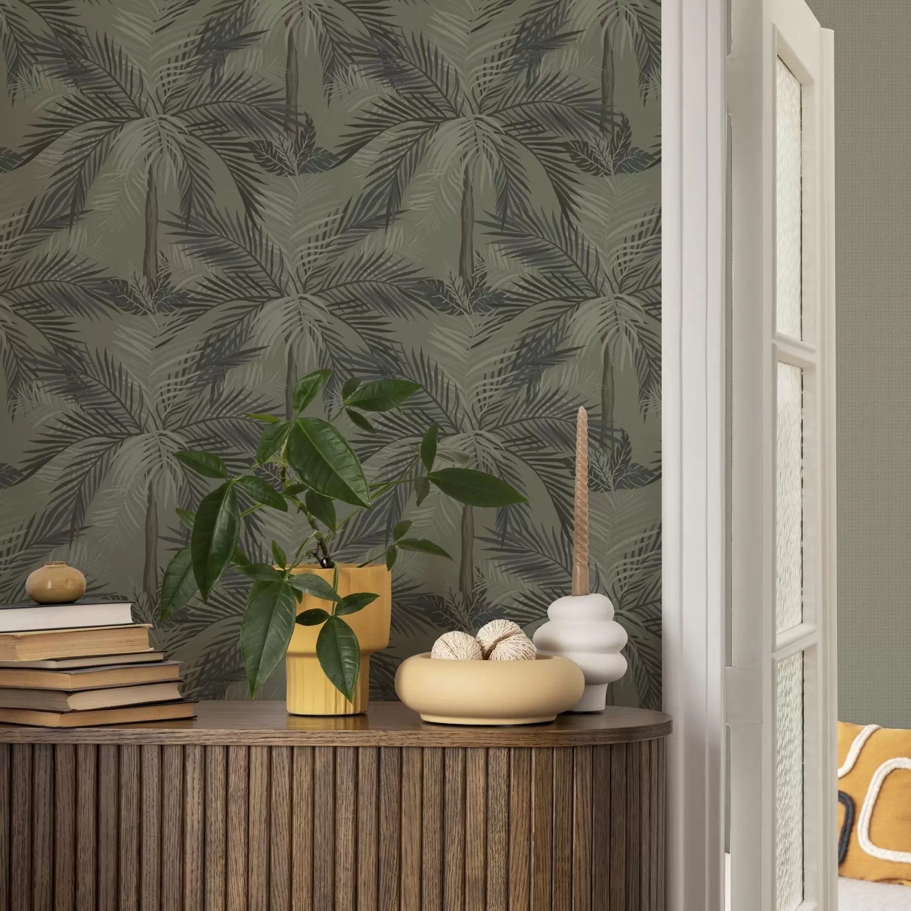 Valokuvatapetti Palmun lehtiä oliivitaustalla, viidakko, tropiikki a00217