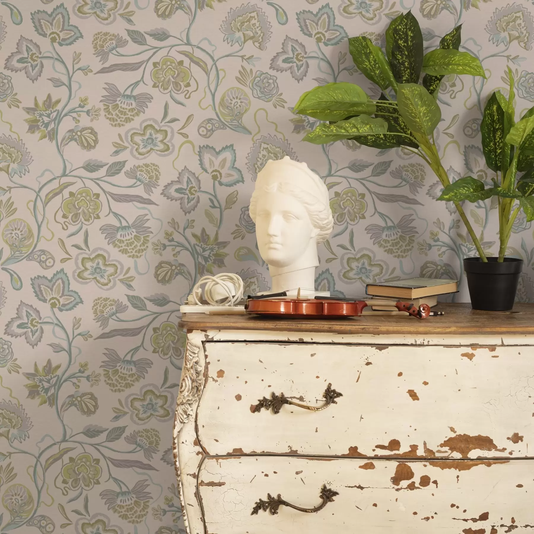 Valokuvatapetti Koristeellisia kukkia pastelliväreissä, vintage-tyyliin a00222