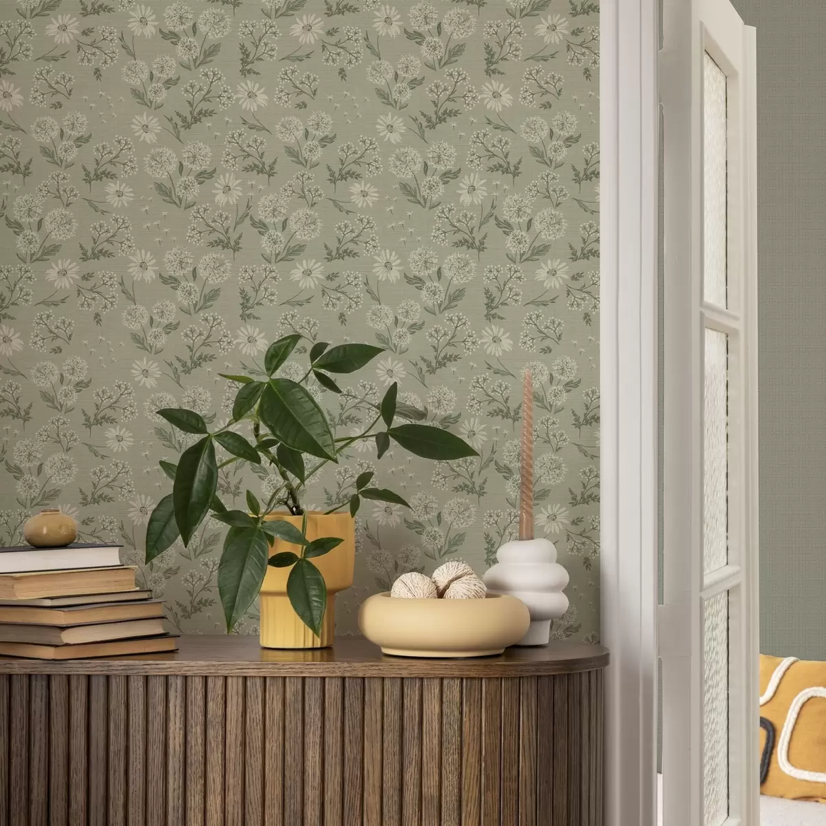 Taustakuva Voikukkia ja päivänkakkaroita, kasvitieteellinen kuvio harmaanvihreällä pohjalla a00224