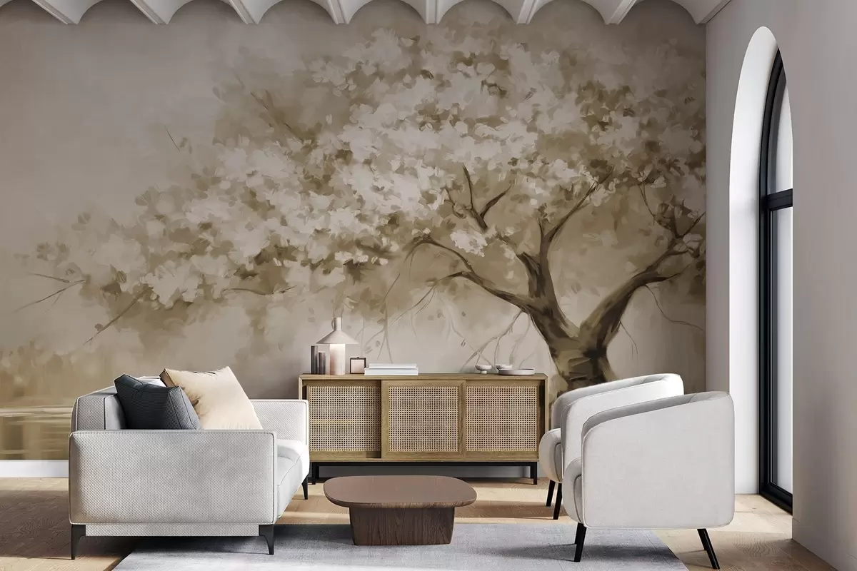 Valokuvatapetti Abstrakti beige kukka puu täydessä kukassa, joen vieressä, pehmeä kuvioitu siveltimenvedot ja pastellivärit w09193v1