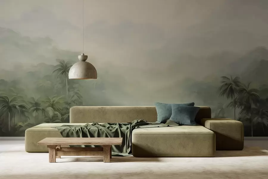 Valokuvatapetti Gungle maisema rehevä vihreä palmuja ja kumpuilevia kukkuloita , pehmeät pastellivärit, kuvioitu maalaus jäljitelmä w09194