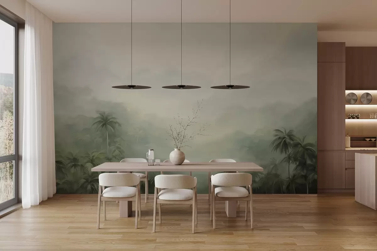 Valokuvatapetti Gungle maisema rehevä vihreä palmuja ja kumpuilevia kukkuloita , pehmeät pastellivärit, kuvioitu maalaus jäljitelmä w09194