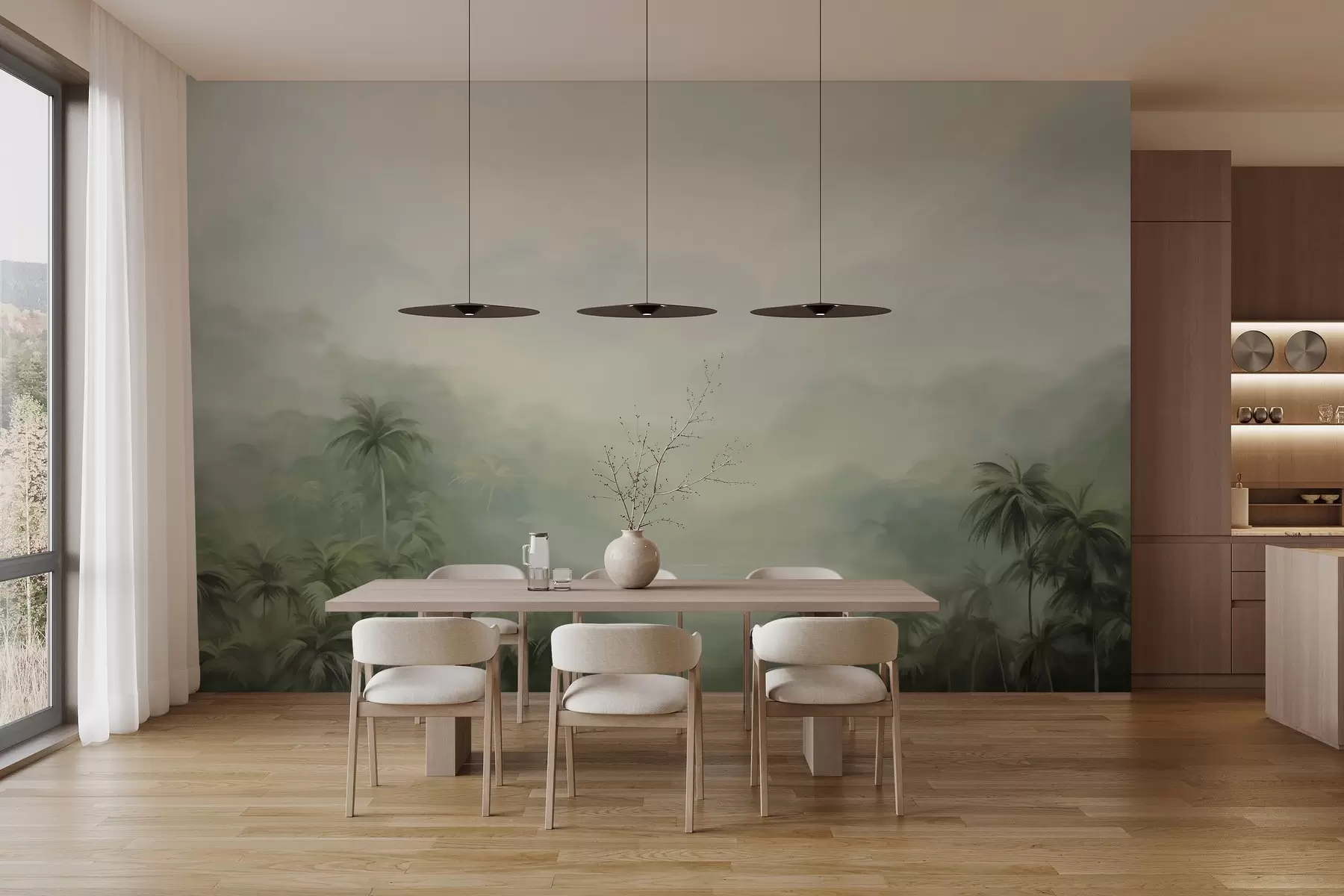 Valokuvatapetti Gungle maisema rehevä vihreä palmuja ja kumpuilevia kukkuloita , pehmeät pastellivärit, kuvioitu maalaus jäljitelmä w09194