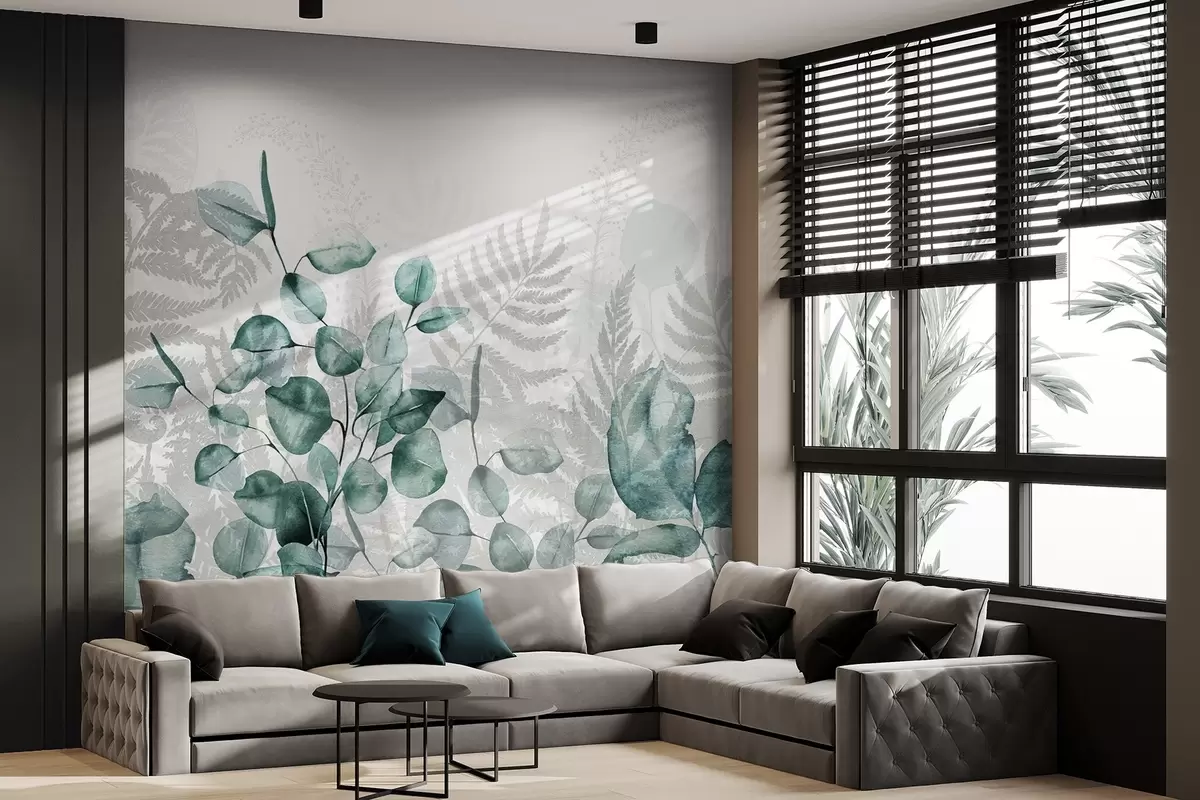 Valokuvatapetti Eukalyptuksen ja saniaisen lehdet vihreän ja harmaan sävyissä, akvarellivaikutelma , kasvitieteellinen kuvitus w09197