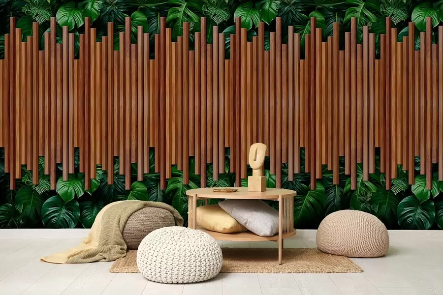 Valokuvatapetti Puupaneelien ja vihreän seinän jäljitelmä w04138