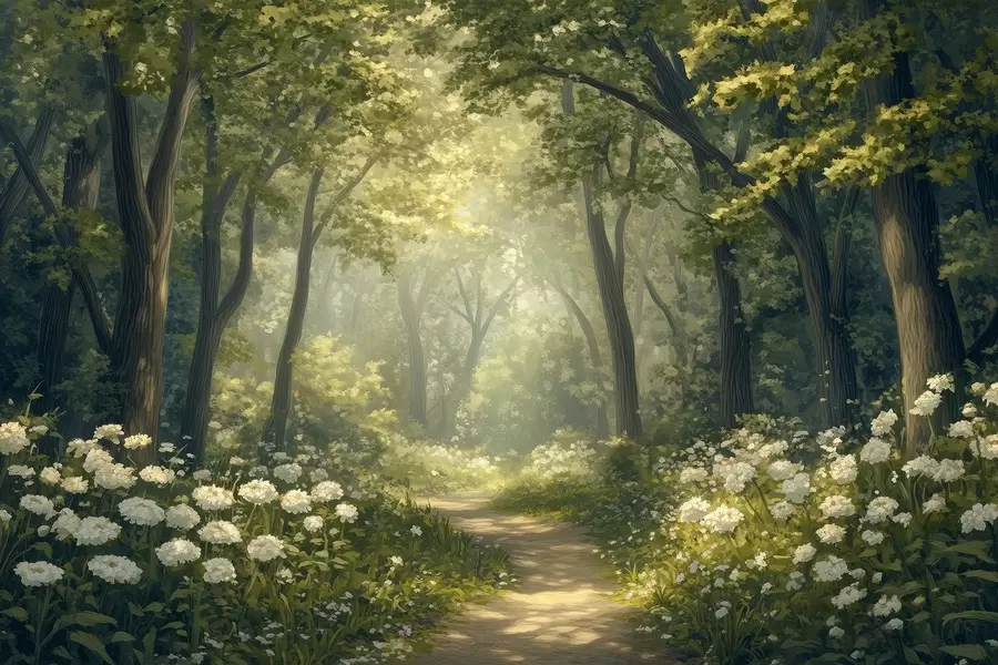 Valokuvatapetti Polku vihreässä metsässä, valkoisia kukkia, auringonvalo, akryyli piirustus w04119