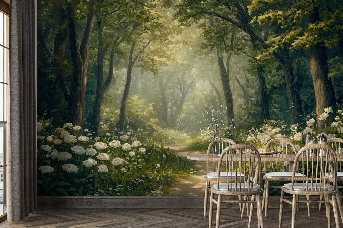 Valokuvatapetti Polku vihreässä metsässä, valkoisia kukkia, auringonvalo, akryyli piirustus w04119